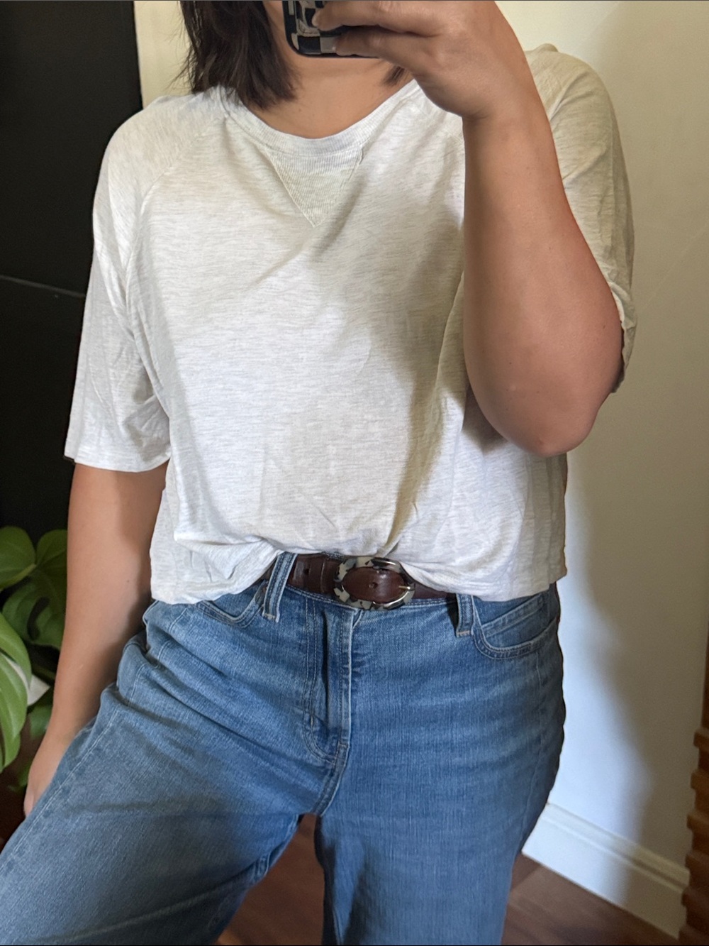 Fabletics Light Grey Wide Neck Cropped Modal T-Shirt. XL